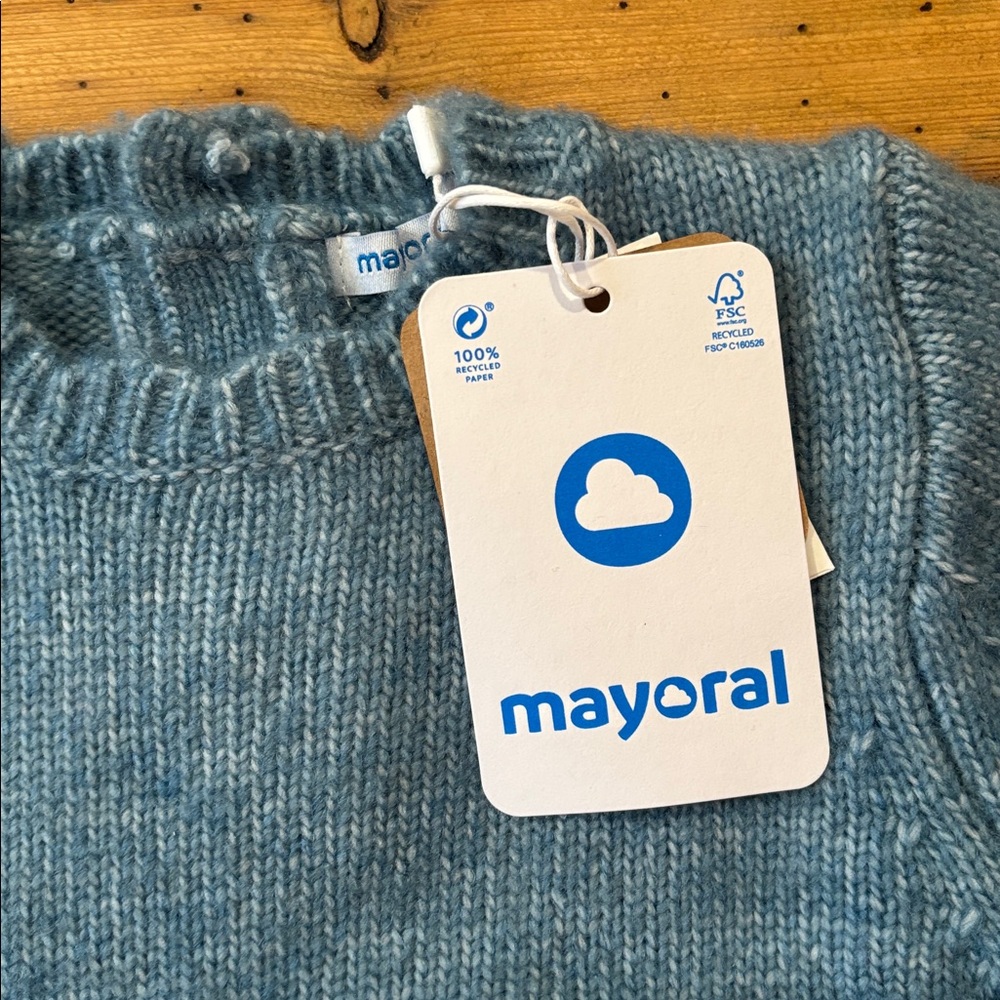New! MAYORAL 18M Blue Knit and Tulle Dress Waved Collar - Picture 5 of 8